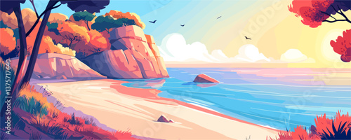 Vibrant coastal landscape with cliffs and birds in colorful sunset light, seaside nature scene – vector.