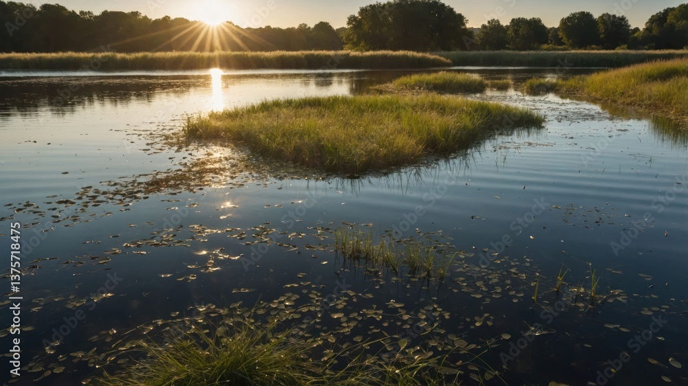 Fototapeta premium Sunrise Over Quiet Lake with Grass Islands and Reflecting Light