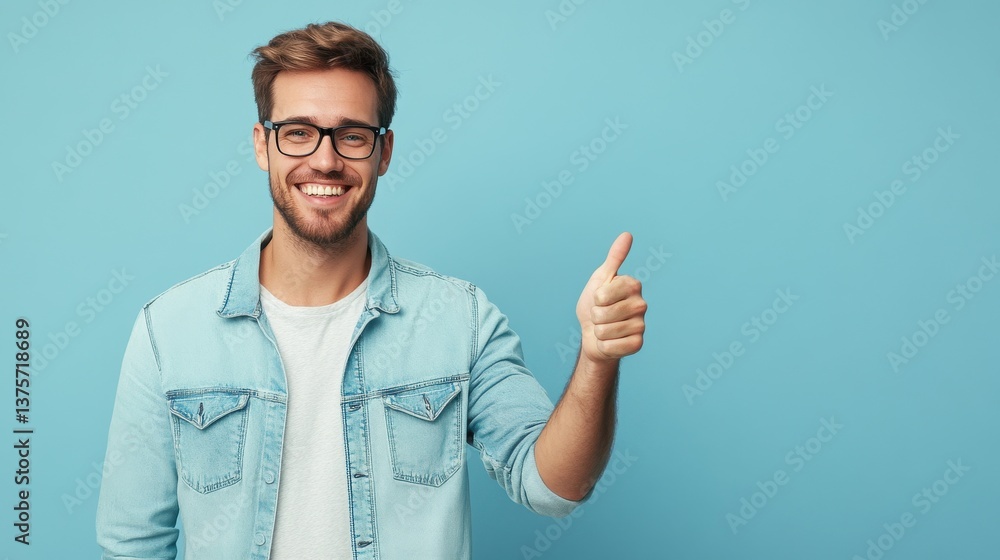 Fototapeta premium Joyful Young Man in Glasses Giving Thumbs Up on Blue Background - Studio Portrait of Positivity and Confidence