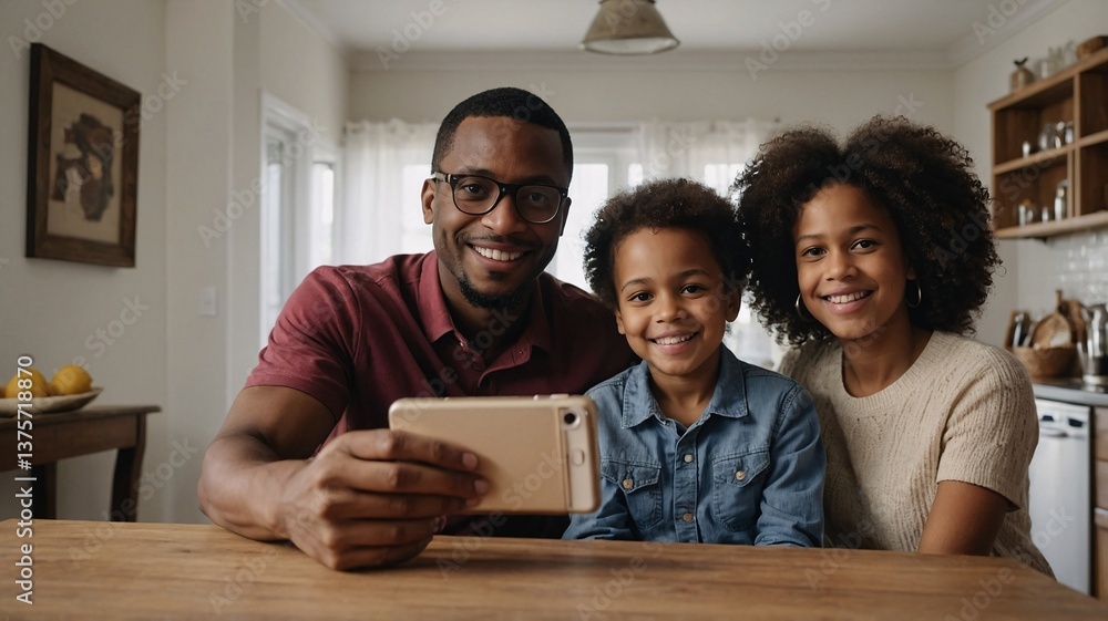 Obraz premium Smiling African American family taking a selfie together at home, capturing joyful moments in a cozy kitchen setting.