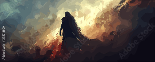Mysterious silhouette in dramatic landscape with fiery sky and shadows - vector.