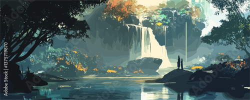 Tranquil waterfall in a lush forest with figure admiring nature – vector.