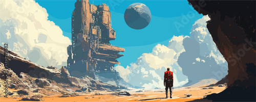 Lone explorer on alien planet with massive structure and floating moon - vector.