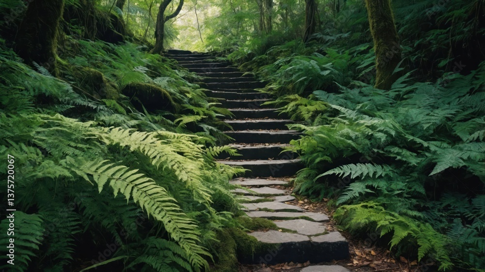 Fototapeta premium Walking Stone Steps Through Lush Green Forest Ferns Landscape