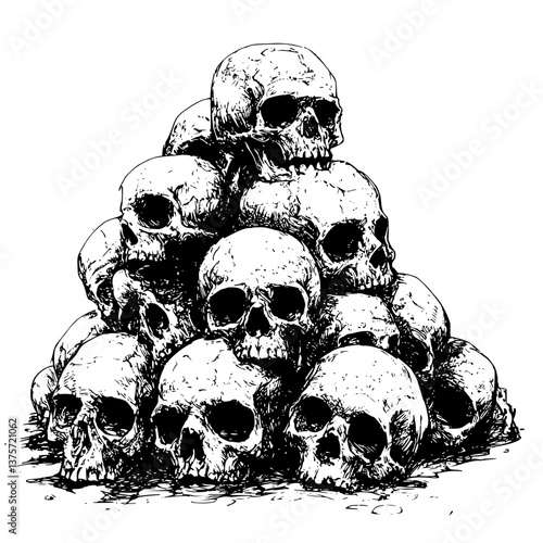 Mortality's Pile: A stark artistic rendering of skulls stacked together, portraying themes of death and mortality in striking detail.