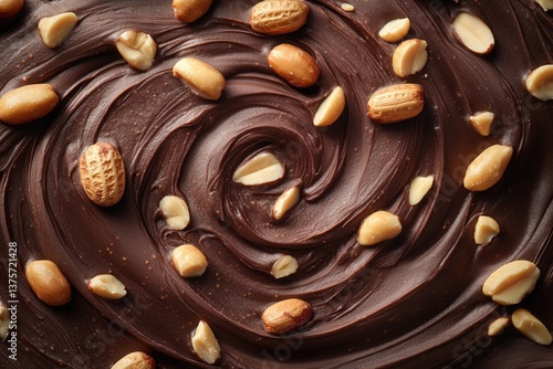 Smooth, rich chocolate swirl with scattered peanuts, showcasing a tempting blend of textures and flavors.