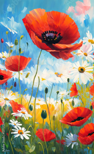 Bright Red Poppy Flower in a poppy field. Summer landscape