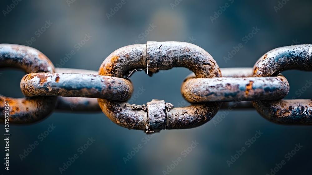 Broken metal chain with rusty corroded links Broken metal chain with rusty corroded links