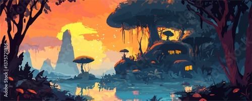 Enchanting fantasy landscape with giant mushrooms and sunset reflections in lake - vector.