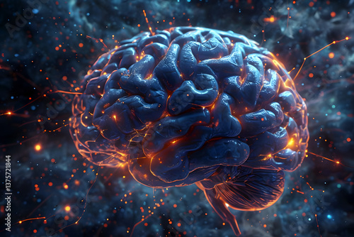 Golden glowing brain in outer space. The power of the human Mind in the Universe. Emotional and spiritual energy