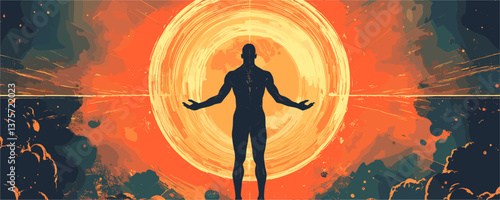 Silhouette of man in cosmos with radiant sun and abstract space background - vector.