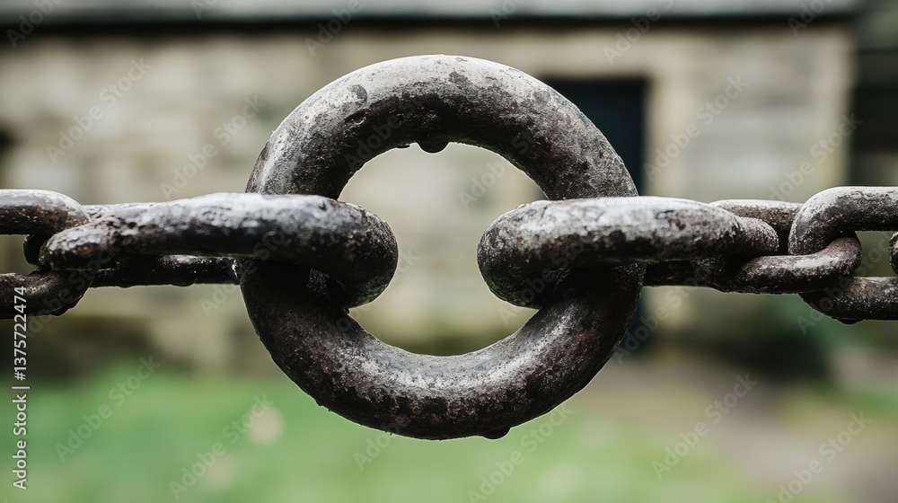 Close up of Rusty Metal Chain Link Against Stone Wall Background Close up of Rusty Metal Chain Link Against Stone Wall Background