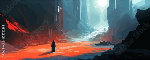 Mysterious figures in a dramatic red and blue landscape, fantasy art – vector.