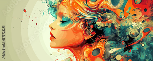 Vibrant abstract portrait of woman with colorful flowing hair, modern art style - vector.