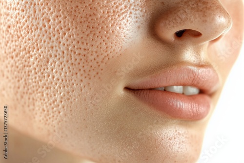 Close-up photo of a woman's face with problematic skin - enlarged pores, acne, pimples