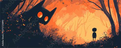Mysterious forest with child and giant creature at sunset, eerie silhouette scene, digital art vector.