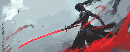 Samurai warrior with katana in dynamic red brushstroke background vector.