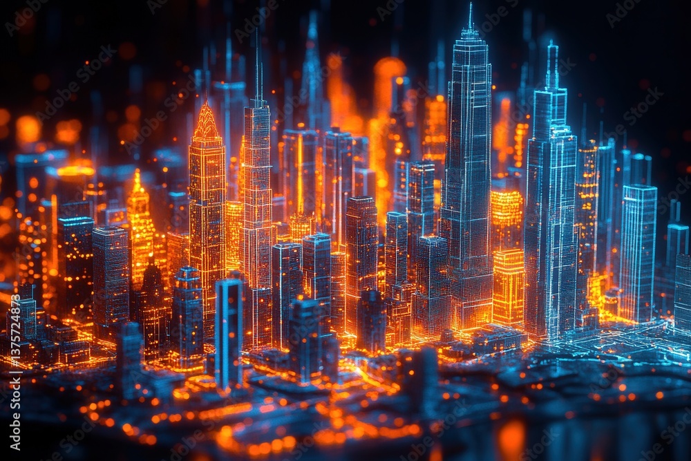 Obraz premium Futuristic illuminated cityscape with glowing orange and blue skyscrapers.