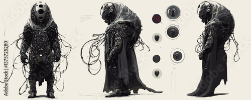 Futuristic robotic humanoid with detailed exosuit and cables in dystopian design - vector.