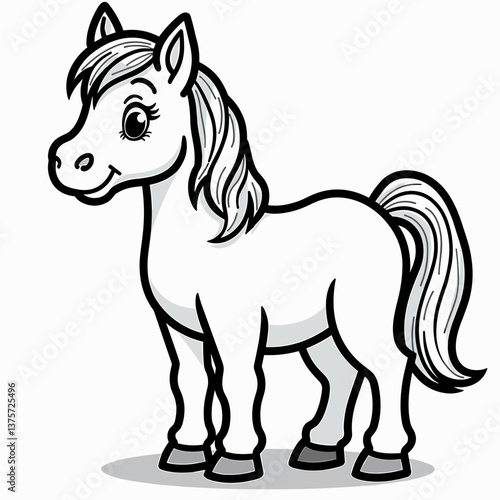 Cute cartoon pony illustration in black and white design  