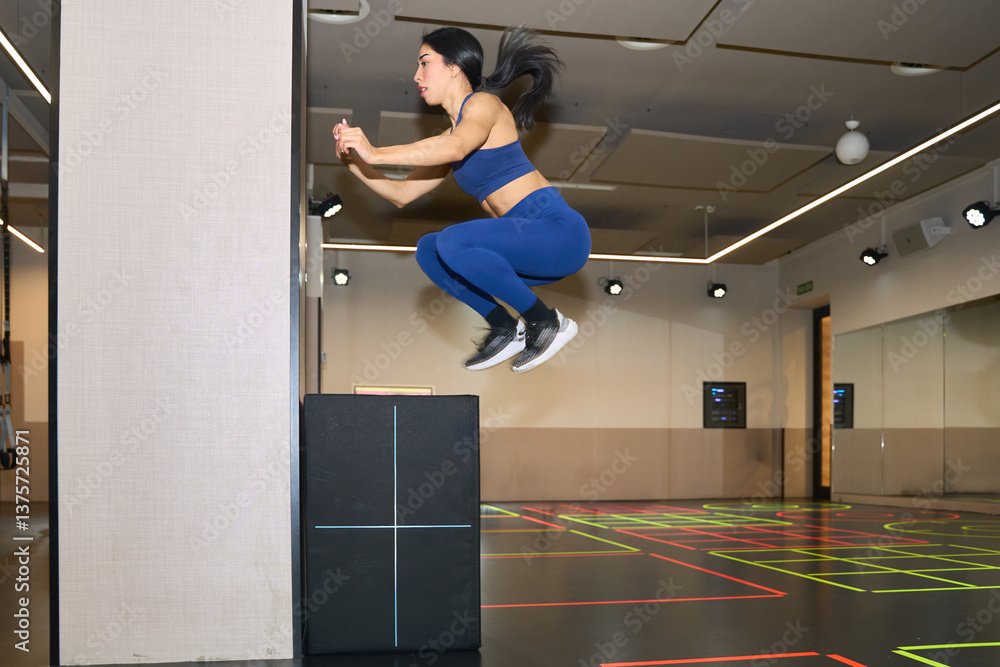Fototapeta premium Woman performing box jump exercise in gym