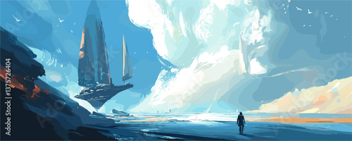 Futuristic landscape with sci-fi floating ships and lone traveler in surreal sky - vector.