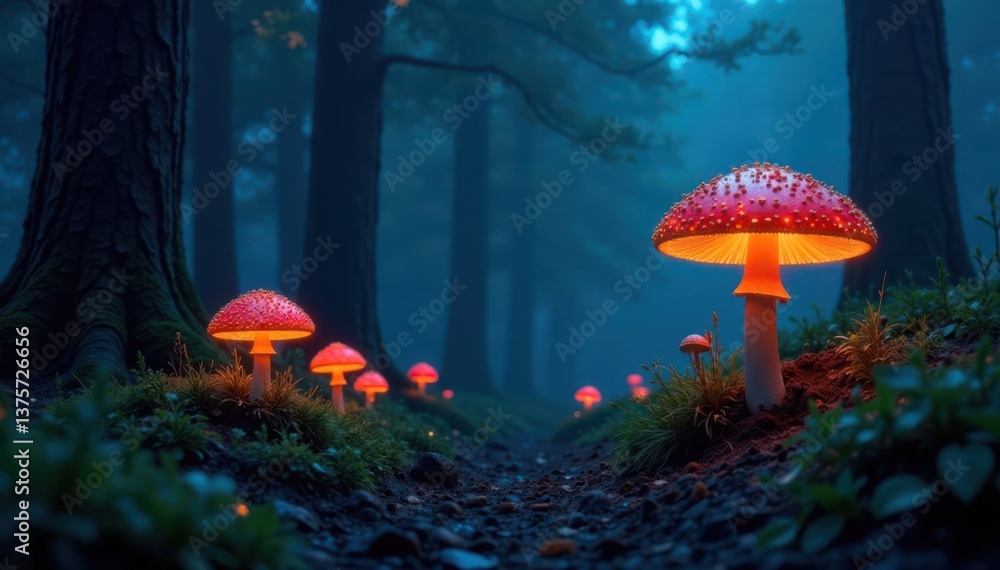 Fototapeta premium Dark, mysterious forest at night with glowing mushrooms, forest, mushrooms
