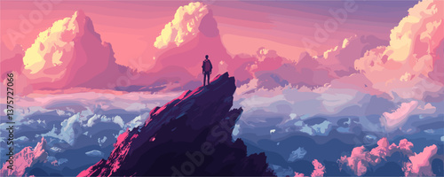 Lone adventurer on mountain peak overlooking cloudscape at sunset - vector.