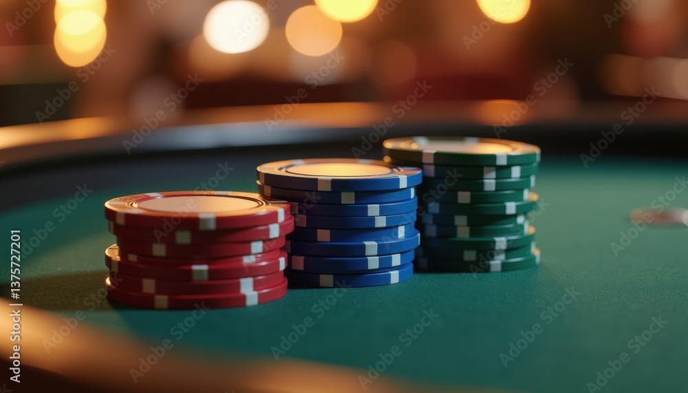 Casino gaming chips on poker table with bokeh lights in background for gambling and entertainment themes Casino gaming chips on poker table with bokeh lights in background for gambling and entertainment themes