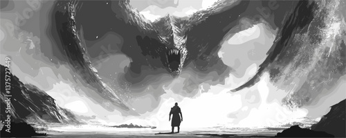 Epic monochrome dragon confrontation with warrior in dramatic landscape, black and white art - vector.