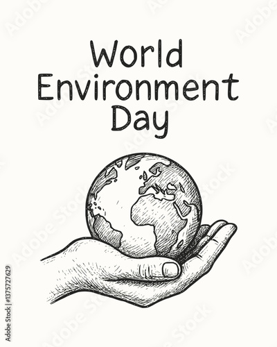 Hand-Drawn World Environment Day Poster Illustration with Earth in Hand