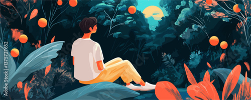 Young man sitting in lush jungle at night with full moon - vector.