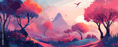 Vibrant sunset landscape with colorful trees and mountains in pastel tones - vector.