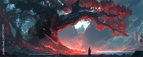 Majestic ancient tree with red leaves and silhouette figure in enchanting landscape - vector.