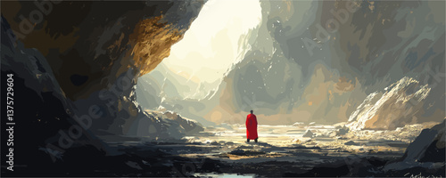 Solitary figure in dramatic sunlit cave landscape with red cloak, digital art vector.