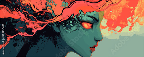 Mystical woman with fiery hair and abstract elements – vector.