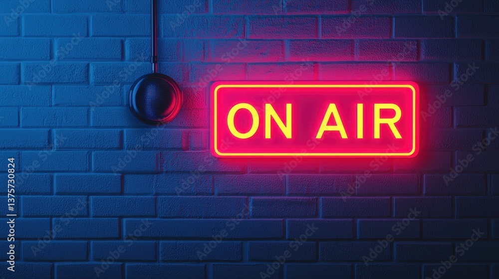 Fototapeta premium Neon On Air Sign Illuminating Dark Wall in Studio Setting for Broadcasting and Podcast Themes