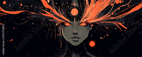 Futuristic abstract portrait of female with fiery elements in dark background - vector.