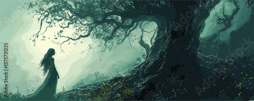 Mysterious woman standing beside ancient tree in enchanted forest, dusk scene - vector.