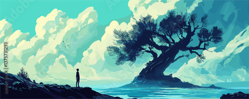 Lone figure beside majestic tree under dramatic sky, coastal vector artwork.