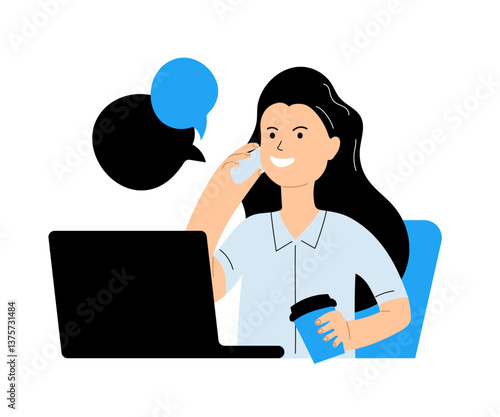 Businesswoman talking on phone and drinking coffee while working on laptop