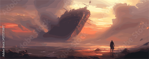 Surreal shipwreck at sunset with lone figure by the shore - vector.