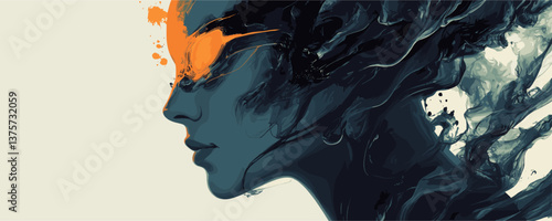 Abstract female portrait with dynamic orange elements and flowing hair - vector.