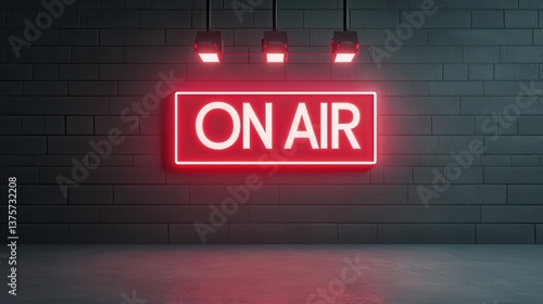 Bright Neon 'ON AIR' Sign Illuminating a Modern Studio Wall in Vibrant Red with Unique Lighting Effects