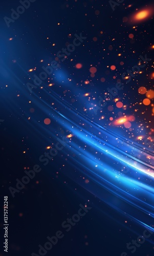 Abstract blue and orange light streaks and particles