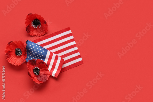 Flag of USA and poppy flowe...