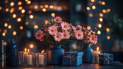 An inviting display of pink flowers in blue vases surrounded by glowing candles and beautifully wrapped gifts, evoking warmth and celebration.