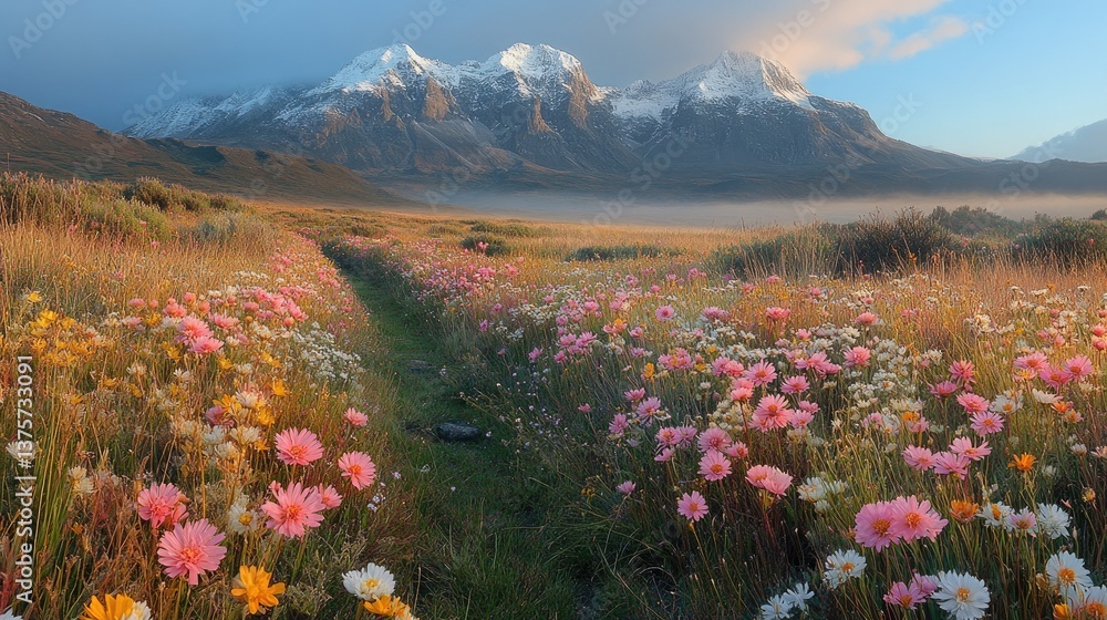 Fototapeta premium A breathtaking early morning view of a vibrant meadow filled with colorful wildflowers, leading towards majestic snow-capped mountains