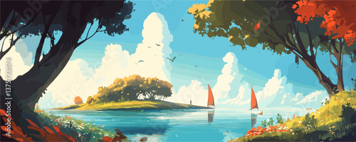 Scenic autumn lake with sailboats and trees under cloudy sky – vector.
