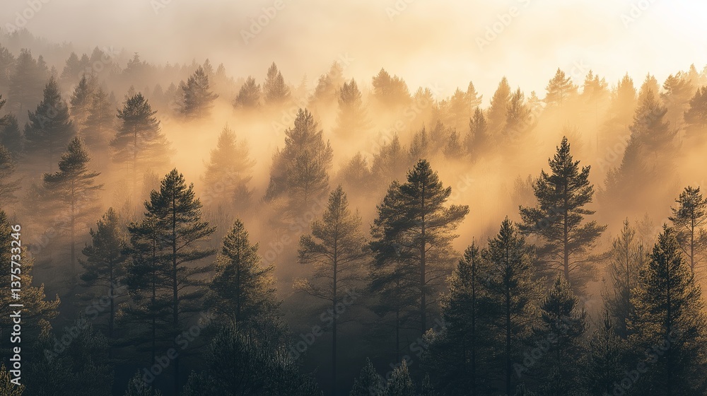A misty pine forest at dawn, with golden light filtering through A misty pine forest at dawn, with golden light filtering through